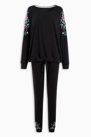 Black Embroidered Legging Pyjamas